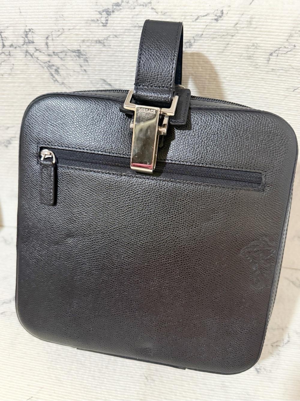 Versace Black Leather Cosmetic Case with Silver Hardware